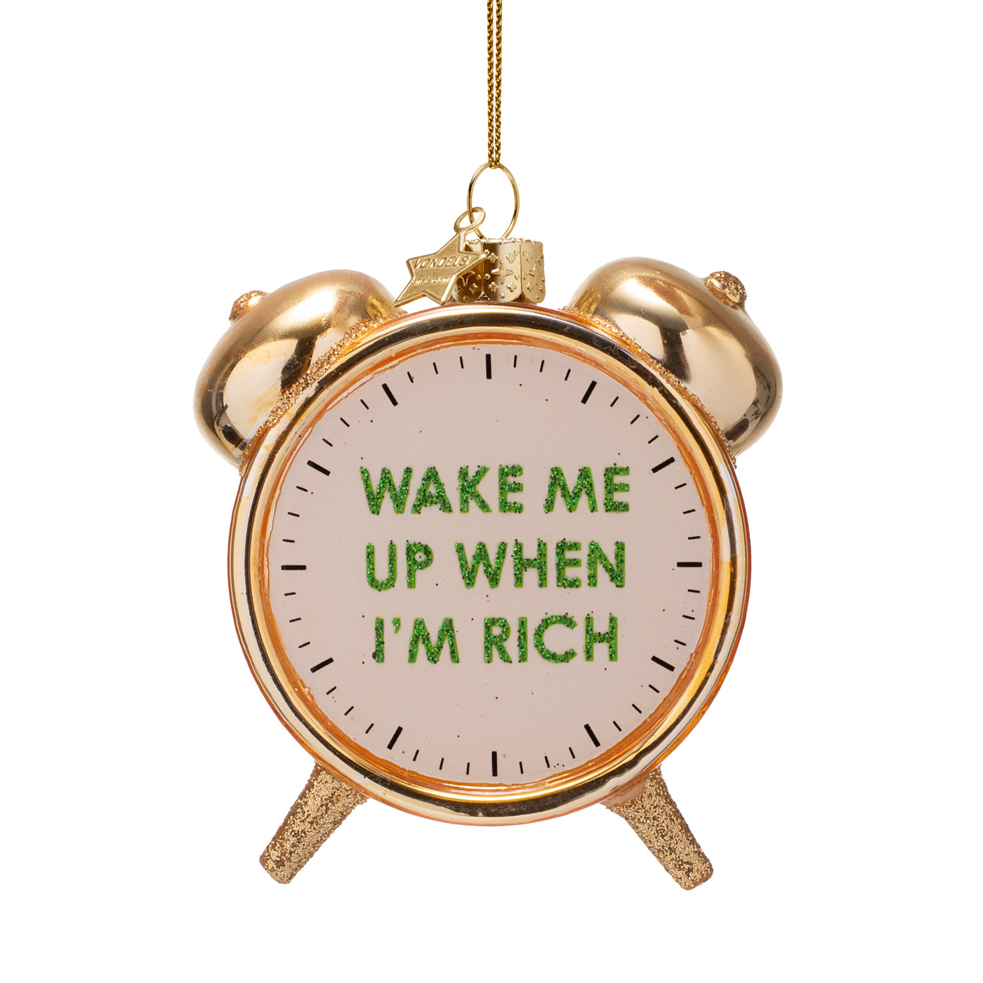 Kerstornament - Vondels Gouden Wekker "Wake Me Up When I'm Rich"